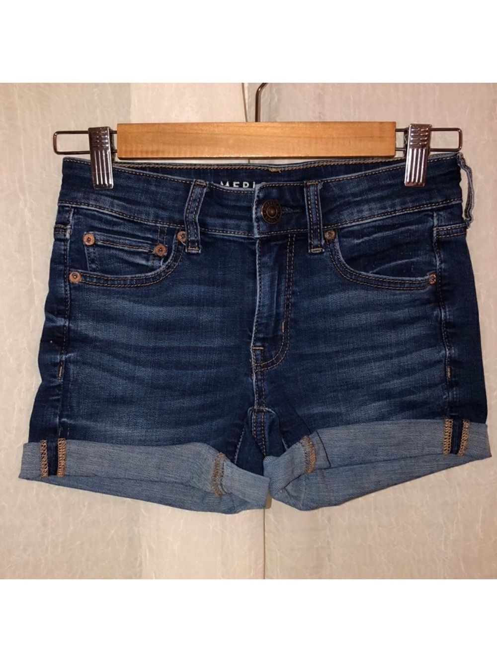 AEO 0 Super Stretch Dark Wash Cuffed Denim Shorts